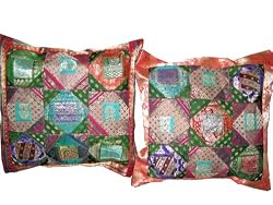 2 Green Orange Vintage Silk Sari Cushion Covers Zari Borders Brocade Pillow Cover 16"