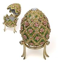 Hot Sale EASTER GIFTS! Gold Plated Swarovski Crystal Jeweled Rose Full Size Trellis Music Box Authentic Faberge Reproduction Egg, Large 4.5" Plays Swan Lake, Museum Jewelry, Heavy Setting with 160 Crystals, Comes Boxed With History Card