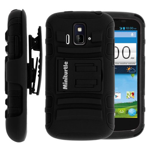 MINITURTLE, 2 in 1 Hybrid Dual Layer Armor Phone Case Cover with Kickstand, Holster Belt Clip, and Screen Protector for Prepaid Android Smartphone ZTE Sonata Z740G and ZTE Radiant Z740 /AIO Wireless, /AT&T GoPhone (Black)