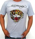 Ed Hardy Mens Short Sleeve Rhinestone Tee Shirt - Tiger Tattoo Design - Slate Blue