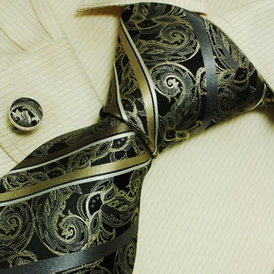 Black Pattern Tie for Men Khaki Paisleys Gift Idea for Man Handmade Silk Neckties Cuff Links Set 6606