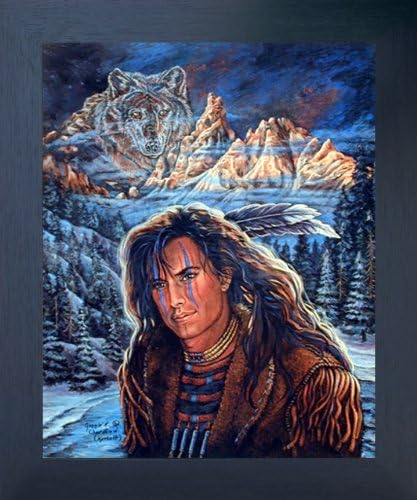 Framed Wall Decoration Native American Poster - Wolf Brave Picture Espresso Art Print (18x22)