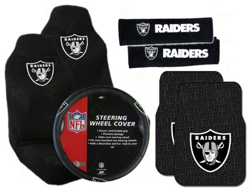 7 Piece NFL Gift Set - 2 Universal-Fit Molded Rubber Front Floor Mats and 2 Universal-Fit Seat Covers and 2 Seat Belt Shoulder Pads and Rubber Grip Steering Wheel Cover - Oakland Raiders