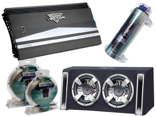 Lanzar Powerful Amplifier Subwoofer Capacitor Installation Package for Car Truck SUV -- VCT2510 5000W 2 Channel High Power MOSFET Amplifier + VCHB212 Vector 2400W Dual 12-Inch Slim Designed Bass Box Enclosure + LQ16CAP Contaq 1.6 Farad 12 Volt Power Capacitor + LQ43 Contaq 4 Gauge Power and Speaker Amp Kit.