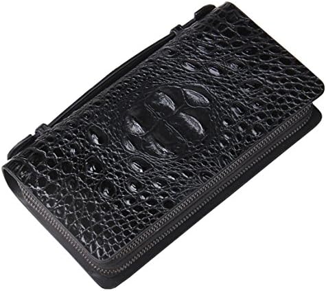 Men's genuine Leather Business Wristlet Zippered Clutch Bag Crocodile pattern wallet (Black)