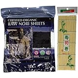 Raw Organic Nori Sheets 50 qty Pack + Free Sushi Roller Mat! - Certified Vegan, Raw, Kosher Sushi Wrap Papers - Premium Unheated, Un Cooked, untoasted, dried - RAWFOOD