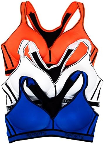 Lacy Junior's 100% Cotton Racerback Soft Molded Cup Sports Bra 3-Pack (36B, White/Orange/Blue)