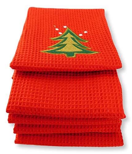 Embroidered Waffle Weave Kitchen Towels, Set of 4 Size 17 by 28.25 Inches, Super Absorbent, 100% Cotton Hand Tea Towels with hanging loop - Dish Cloth &amp; Dish Towels - Early Tree on Red Royalty
