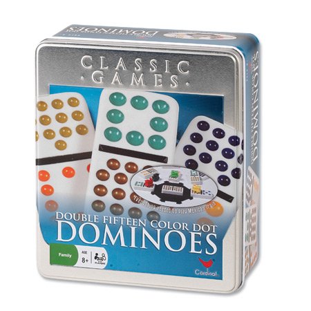 Cardinal Industries Double Fifteen Color Dot Dominoes in a Collectors Tin
