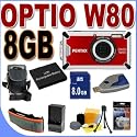 Pentax Optio W80 Waterproof 12.1MP Digital Camera w/5x Wide Angle TSR Optical Zoom (Cardinal Red) BigVALUEInc 8GB Waterproof Accessory Saver Bundle