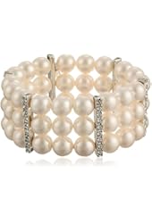 Simulated Pearl and Crystal Triple-Row Bracelet, 7"