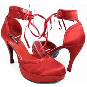 Rockabilly Red Satin Pumps Heels with Ribbon Anklet