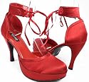Rockabilly Red Satin Pumps Heels with Ribbon Anklet