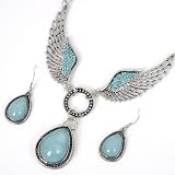 Handmade Vintage Antique Sliver Light Blue Crystal Gem Stone Wings Water Drop Short Necklace Dangle Hook Earrings Set