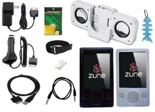 11 Items Accessory Bundle Combo for Microsoft Zune 80GB / 120GB Series MP3 Player: Black Silicone Skin Case Cover, Clear/White Silicone Skin Case Cover, USB 2in1 Data Sync Cable, Car Charger, Wall / Travel Charger, 3.5mm Auxillary Cable, Belt Clip, Armband, Portable Foldable Speakers, Screen Protector and Fishbone Style Keychain