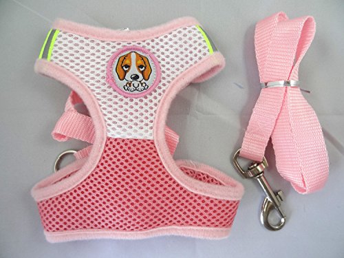 Hiado Soft Mesh Nylon Vest Pet Cat Small Medium dog Harness Leash Set Leads(Size M Color Pink)