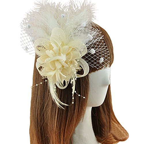 Coolr Fascinator Hair Clip Feather Wedding Headwear Bridal Headpiece for Women (Beige)