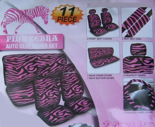 Safari Animal Print Auto Interior Gift Set - 2 Pink Zebra Low Back Front Bucket Seat Covers with Separate Headrest Cover - 1 Pink Zebra Steering Wheel Cover - 2 Pink Zebra Shoulder Harness Pressure Relief Cover - and 1 Bench Cover
