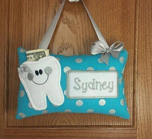 Personalized tooth fairy pillow, blue with silver