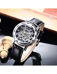 Youyoupifa Mechanical Skeleton Watch Hand Wind Up Black Dial Black Leather Strap Watch