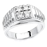 Solid Sterling Silver Cubic Zirconia Rhodium Plated Men's Ring with Four Center CZ Stones