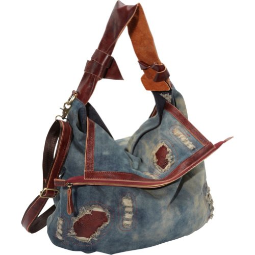 AmeriLeather Burke Ripped Denim/Leather Trim Hobo (Washed Denim)