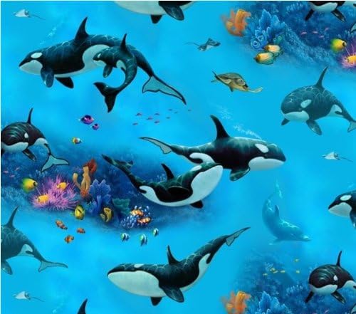 Elizabeth Studio 'Enchanted Waters' Mostly Whales on Blue Cotton Fabric - 1yd 29"
