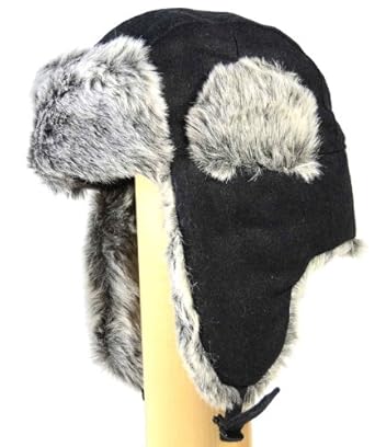 Extra Thick Super Soft Wool Trooper Trapper Pilot aviator Hat with Soft Faux Fur for Women and Mens one size fits up to large head in Black and Grey
