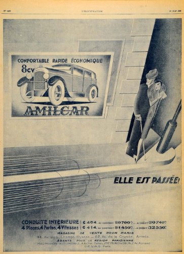 1929 Ad French Automobile Amilcar Family Car Art Deco - Original Print Ad