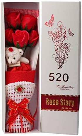 Creative Romantic Red Flower Bouquet 5 Scented Roses Bath Soap Gift Box With Cute Teddy Bear Birthday Best Anniversary Birthday Mother's Day Valentine's Present sf501