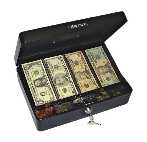 PM Company Securit Spacious Size Cash Box With 4 Cash and 5 Coin Removable Compartment Tray, 12.12 x 8.75 x 3.75 Inch, Luminous Black (04804)