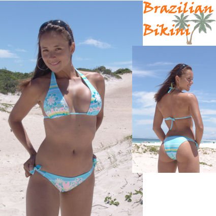 Innocent Beauty Aqua Blue Striped Floral Brazilian Bathing Suit Bikini By Cabo Beachwear Swimwear