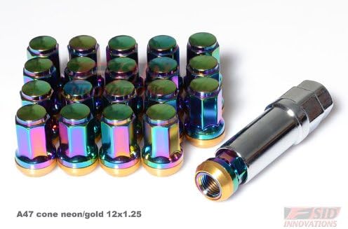 Neon Chrome With Gold Bottom SPECIAL 7 HEPTAGON SECURITY LOCK SYSTEM LUG NUTS 12X1.25 ACORN CONE 20pcs with KEY Fit ALL NISSAN INFINITI SUBARU , Ex35 , Fx35 , Fx45 , G35 Coupe , G35 Sedan , G37 Coupe , G37 Sedan , G37 Roadster , G37 X Coupe , M35 M45, M37 , G20 , G25 A47 CONE NEON CHROME GOLD BOTTOM 12x1.25