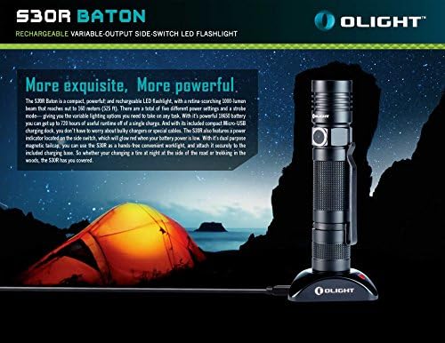Olight S30R Baton 1000 Lumens LED Flashlight Rechargeable S10 S20 upgrade with 3400mAh 18650 Li-ion battery, USB Charging dock and two LegionArms CR123A backup batteries