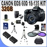 Canon EOS 60D 18 MP CMOS Digital SLR Camera with 3.0-Inch LCD and 18-135mm f/3.5-5.6 IS UD Standard Zoom Lens W/32GB SDHC Memory +2 Extra Extended Life Batteries + Ac/Dc Rapid Charger + 3 Piece Filter Kit + SDHC USB Card Reader + Shock Proof Deluxe Case w/Strap + Full Size Tripod + Memory Card Wallet + Mini Tripod + Accessory Saver Bundle! !.