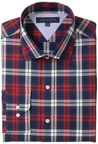 Tommy Hilfiger Men's Slim-Fit Navy Red Plaid Shirt