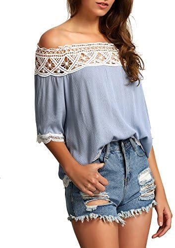 Sexy Women Boat Neck Off Shoulder Blouses Lace Splice Chiffon Wave T-shirt (M, Blue)