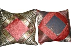 2 Golden Red Vintage Silk Sari Zari Borders Toss Pillow Cushion Covers 16"