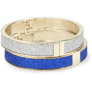 Betsey Johnson "Spectator" Blue Silver Glitter Hinge Bangle Bracelet Set