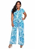 Ashley Stewart Womens Plus Size Tropical Print Jumpsuit Modern Azure 18/20