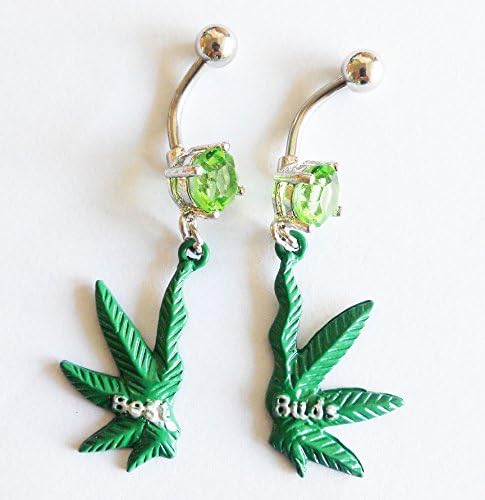 Pair (2Pcs) "Best Buds" Heaf Palm Leaf Dangle Green Color Navel Bar Dangle Jewelled Belly Ring Green