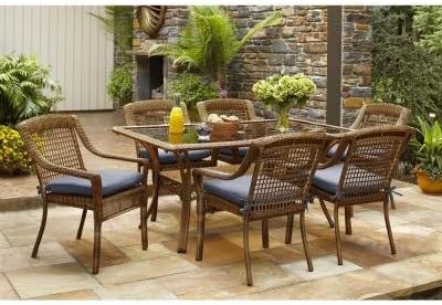 Brown All Weather Resin Wicker 7 Piece Steel Patio Dining Set with Sky Cushions | Perfect Contemporary Cushioned 6 Chairs and Rectangle Glass Top Dining Table Furniture Set for Your Home Outdoors by the BBQ Grill, Gazebo, Deck, Garden or Firepit