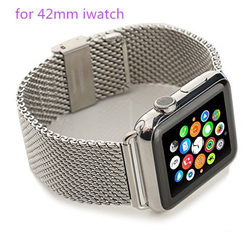 Apple Watch Band, Hapurs Stainless Steel Mesh Replacement Strap Wrist Band Metal Clasp Classic Polishing for Apple Watch (Silver 42mm)Included Adapters