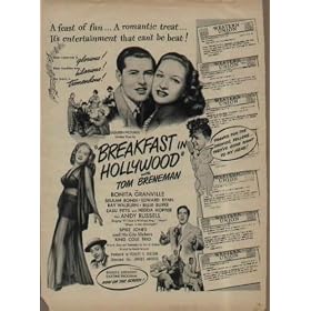 1946 Movie Ad, "BREAKFAST in HOLLYWOOD", with Tom Breneman, and Bonita Granville, Beulah Bondi, Edward Ryan,Ray Walburn, Billie Burke, Zasu Pitts, and Hedda Hopper. Plus Andy Russell, Spike Jones and his City Slickers, and the King Cole Trio. Directed by Harold Schuster. Produced by Robert S. Golden. A0540. **THIS IS AN AD / POSTER, NOT A DVD**