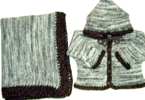 Knitted on Hand Knitting Machine Baby Blue and Da Brown Tweed Very Soft Cotton Finished By Hand Crochet with Cardigan, Hat Set. And Matching Blanket.