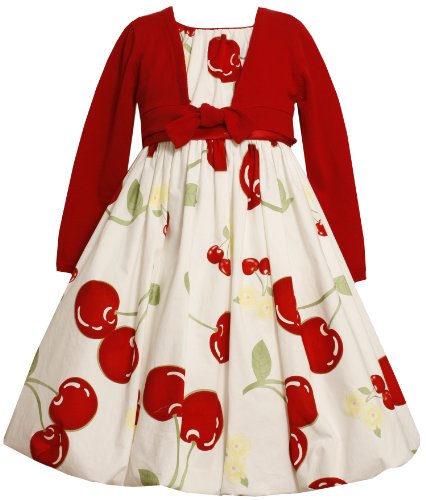 Bonnie Jean Girls 2-6X Cherry Print Bubble Dress with Tie Front Cardigan, Red, 6