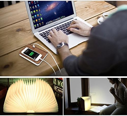 Warm White LED Folding Book Lamp - Incl Silicone Phone Holder Stand! USB Charging LED Lamp, Art Deco Night Lamp , Fashionable Gift-Walnut (Black Walnut)