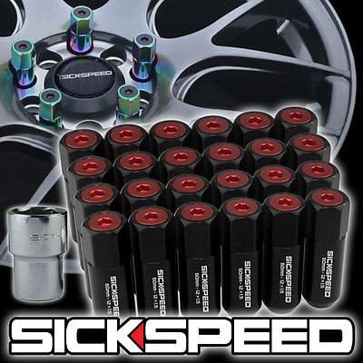 24 Black/Red Capped Aluminum Extended Tuner Locking Lug Nuts Wheels 12X1.25 L13