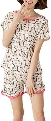 MyFav Women's Short Sleeve Pajamas Cute Giraffes Sleepwear Macrame Nightsets