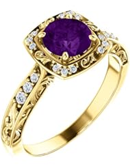 18K Yellow Gold 6.00mm Round Cut Amethyst and Diamond Ring -- LIFETIME WARRANTY
